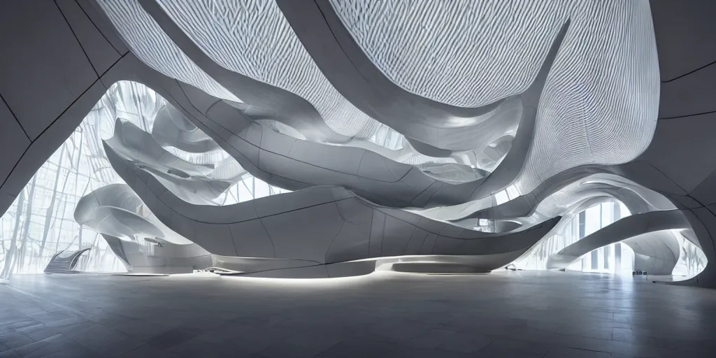 Image similar to extremely detailed stunning beautiful futuristic museum interior by Zaha Hadid