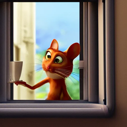 Image similar to a happy cat with big eyes looking for a cup of coffee in beautiful morning at a house window, viewed from outside. Pixar Disney 4K 3d render funny animation movie Oscar winning trending on ArtStation and Behance. Ratatouille style.