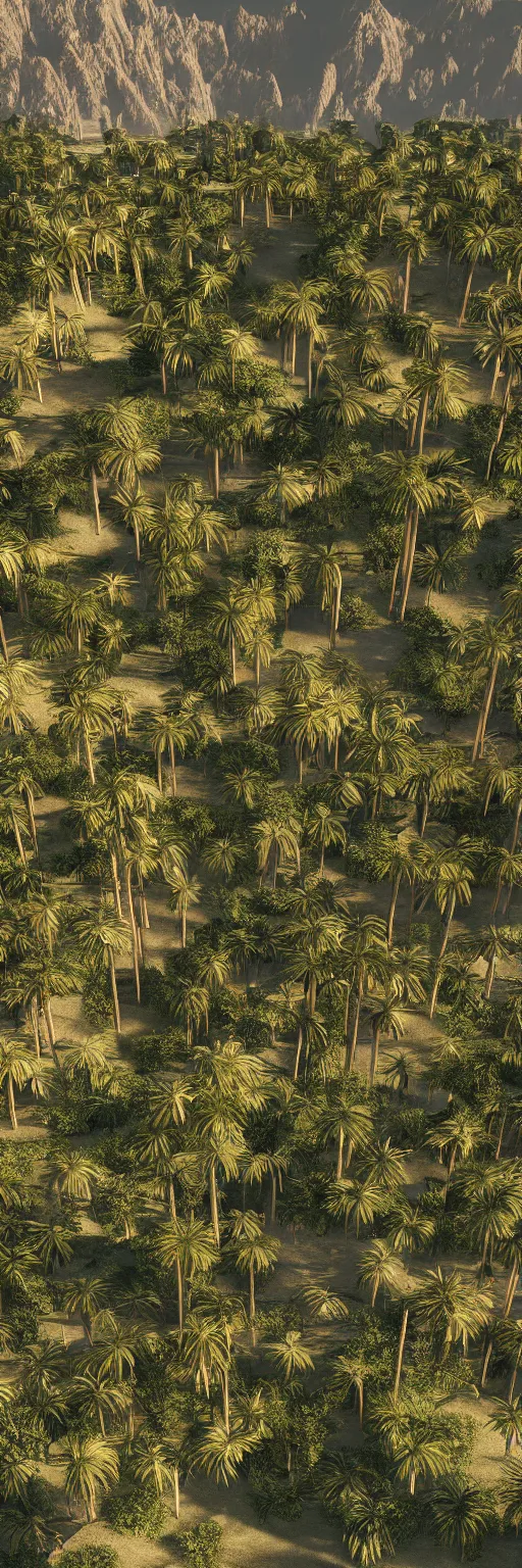 Prompt: photo of vertical golden village, arid mountains and lush palm forest, photo realism, sharp focus, octane