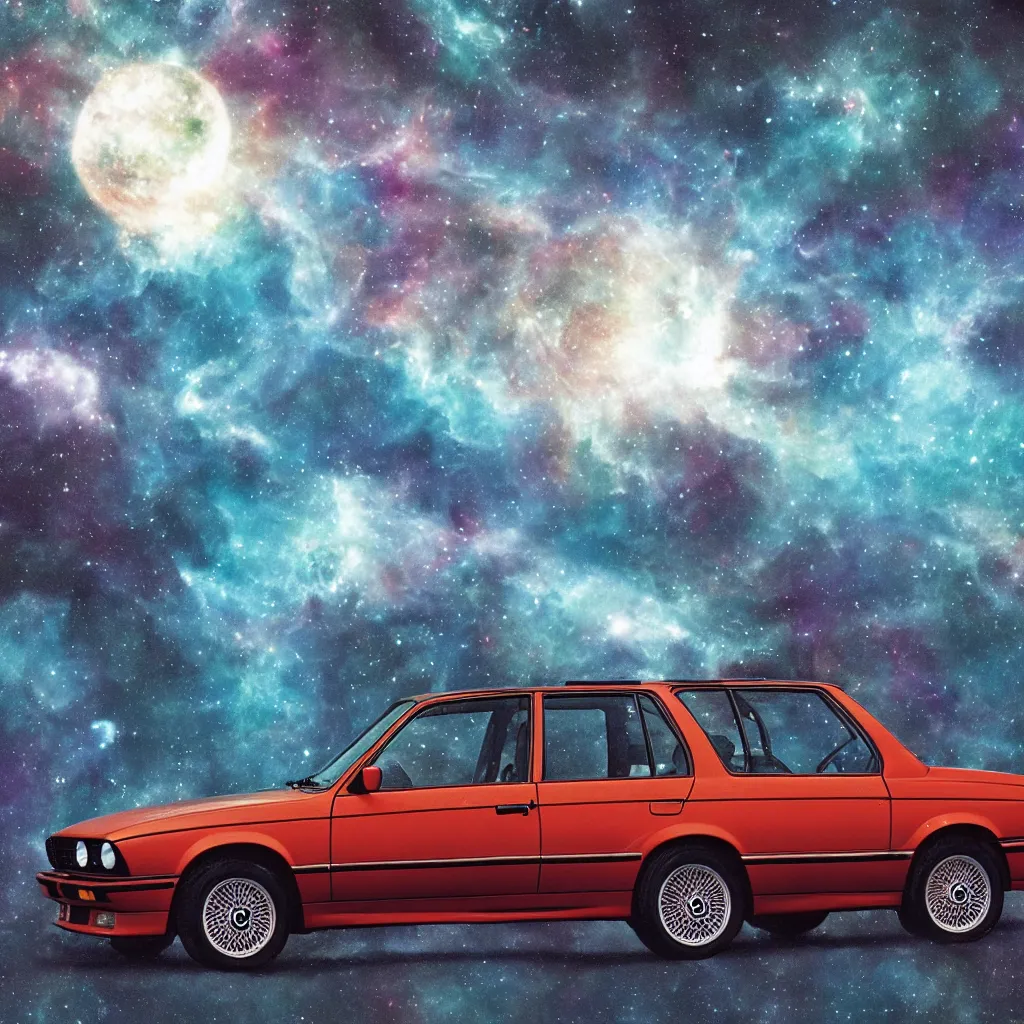 Prompt: bmw e30, alien planet background, hyperrealism, nebula