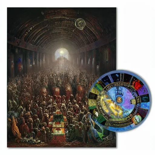 Image similar to full color and depth oil painting of the most epic chess game in all of time and space, by gustave dore, the great masters, cinematic, heavy metal album cover