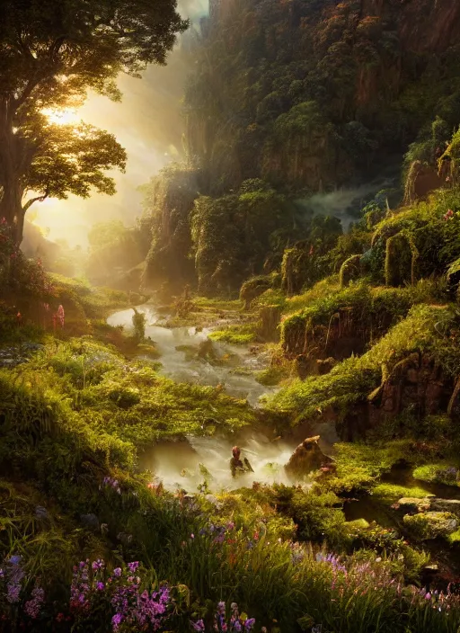 Prompt: a flying faerie in the distance of a lord of the rings scenery landscape, a vast lush valley flowers and wooden structures, stream, sunrise, god's rays highly detailed, vivid color, cinematic lighting, perfect composition, 8 k, gustave dore, derek zabrocki, greg rutkowski, belsinski, octane render