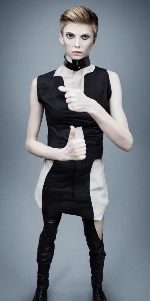 Prompt: stunning androgynous android with an intense look giving a thumbs up to the camera