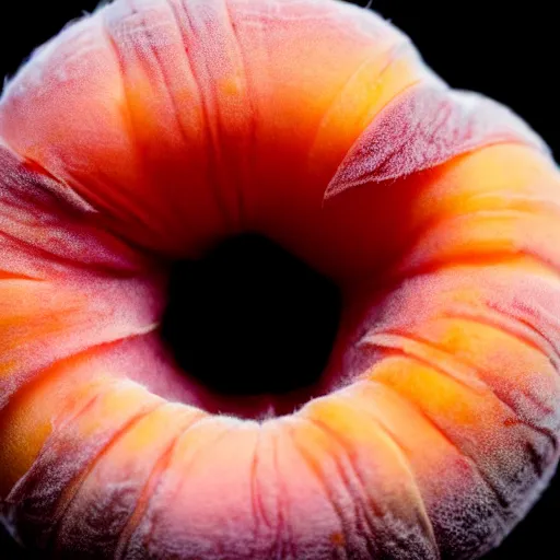 Image similar to a macro photo of a round peach's dry hairy skin, hyper realistic, hyper detailed, 35mm, very grainy film, pink volumetric studio lighting, bokeh, black background award winning shot, vogue magazine, cinematic, 8k, very closeup, elegant, tender, pastel