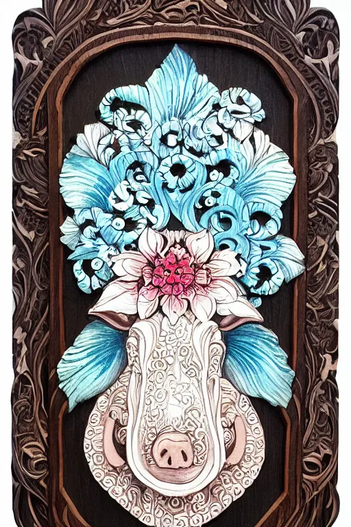 Image similar to Painted dark-wood panel relief carving of a close up of a Flowerpunk Piglet, White and pale blue toned, ornate border frame, explosion of colorful flowers, dark wood, intricately carved, black ink, festival of rich colors, intricate details, cinematic lighting, volumetric lighting, post-processing, art nouveau, tarot, fractal art, mandala, by andreas rocha and john howe, and Martin Johnson Heade, featured on artstation, featured on behance, golden ratio, hyper detailed, photorealistic, epic composition, center spotlight, f32, well composed, symmetrical, UE5, 8k