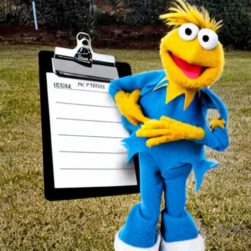 Image similar to skeeter the Muppet holding a clipboard