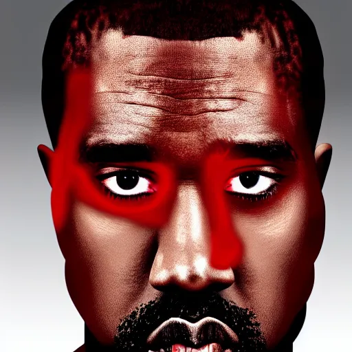 Image similar to kanye west, glowing red eyes, half of face is exoskeleton, 4k, digital art