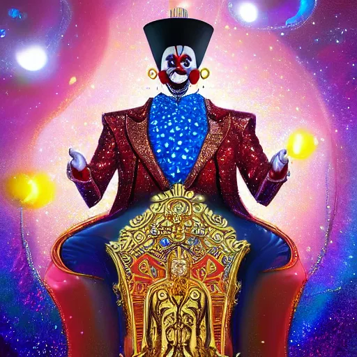 Image similar to shining giant throne made of millions of diamonds, gold and sapphires with thousands of light reflections, and a clown on a tuxedo suit is sitting on the throne while carrying an earth globe, dramatic light, digital painting, ultradetailed, artstation, oil painting