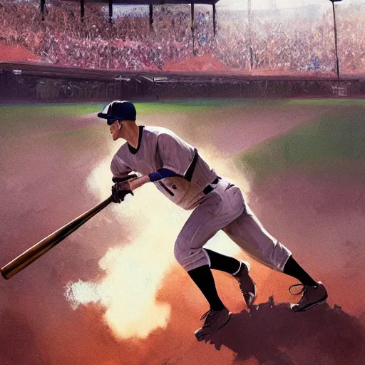 Image similar to baseball player hitting the ball with the baseball bat in the middle of the game and in front of everyone in the stadium, james gurney painting style, greg rutkowski, artstation