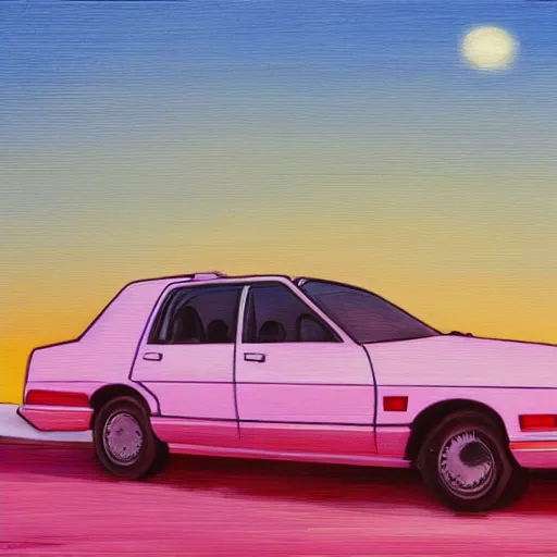 Prompt: an old white 1 9 8 0 s car parked off the road, sunset, ocean in distance, pink, oil painting, pale colors, high detail, 8 k, wide angle, trending on artstation,