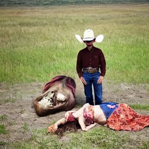 Image similar to a cowboy standing next to a dead girl, the cowboy is smiling.