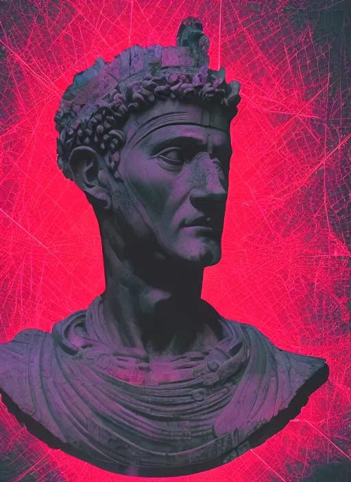 Prompt: black background with subtle red and purple design elements, statue of julius caesar, nekro, collage art, thin lines, dark, glitch art, neo vaporwave, gritty, layout frame, trending on artstation