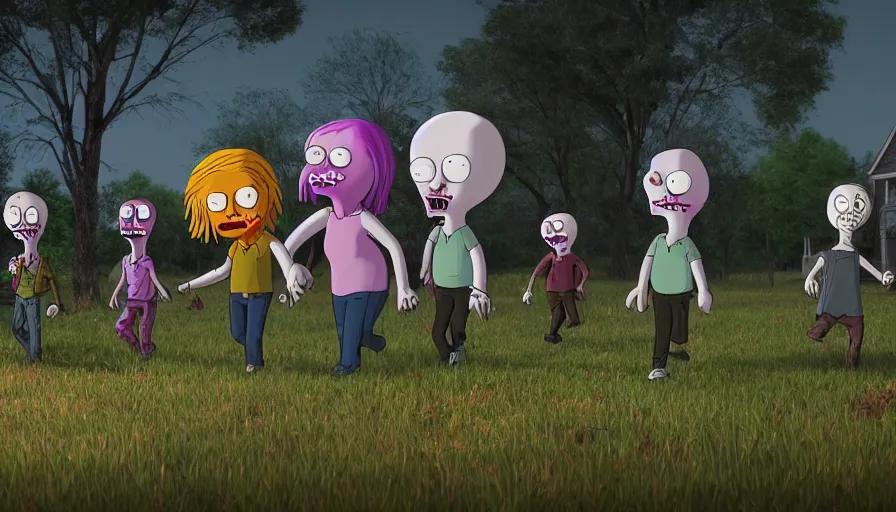 Image similar to night of the living dead by lisa frank's. rotting corpse, zombies, octane render, unreal 5 8 k depth of field, highly - detailed, in the style of family guy