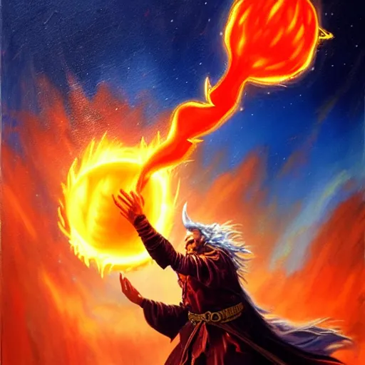 Image similar to Highly detailed oil painting, concept art, of a wizard casting a fireball spell, fighting against a huge ice giant, red and blue color scheme, concept art, highly detailed.