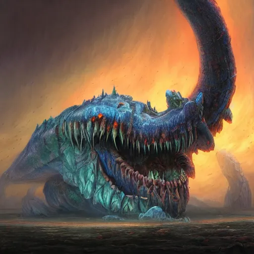 Prompt: colossal dreadmaw, driven, ghostly pride, highly detailed, digital painting, HDRI, by wayne barlowe and josh pierce, vivid colors, high contrast, 8k resolution, intricate, photorealistic, smooth