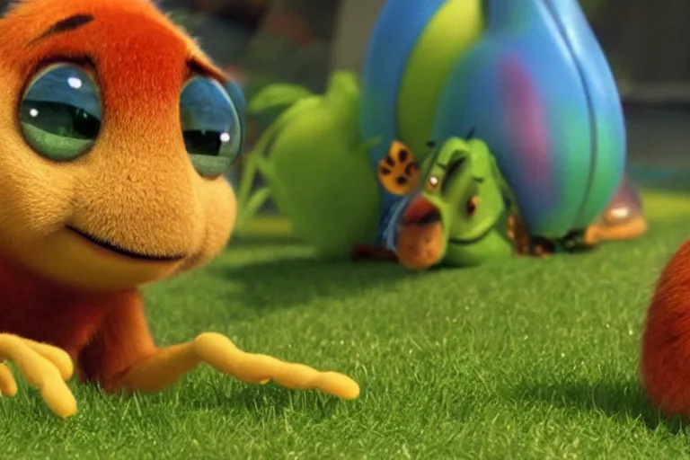 Image similar to disney pixar's a bug's life, cgi caterpillar colorful, furry caterpillar