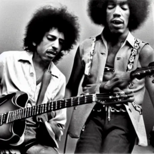 Image similar to bob dylan playing with jimi hendrix, photograph