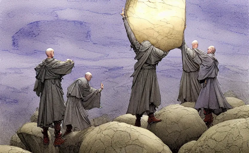 Image similar to a hyperrealist watercolour concept art of a group of grey monks levitating a huge rock in the air over their head. it is a misty night on the moors of ireland. by rebecca guay, michael kaluta, charles vess and jean moebius giraud. high detail, hq, wide shot