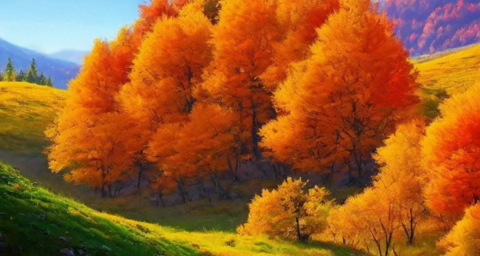 Image similar to (((((a gorgeous hillside in the autumn, trees, mountains))))) by Sylvain Sarrailh!!!!!!!!!!!!!!!!!!!!!!!!!!!