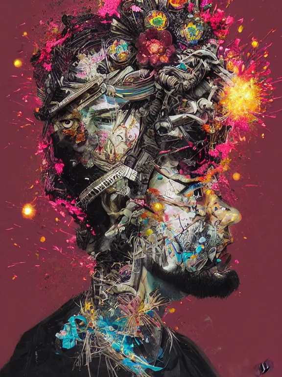 Image similar to art portrait of samurai with flowers exploding out of head,by tristan eaton,Stanley Artgermm,Tom Bagshaw,Greg Rutkowski,Carne Griffiths,trending on DeviantArt,face enhance,chillwave,minimalist,cybernetic, android, blade runner,full of colour,