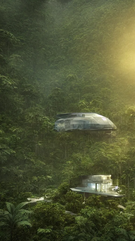 Image similar to extreme wide shot a futuristic containment building in a rainforest valley with a city in the distance, national geographic, hyper realistic, 4 k, warm light, the will to endure, artstation