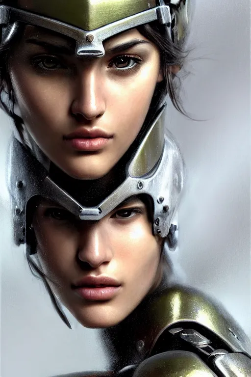 Image similar to a photorealistic painted portrait of an attractive young girl, partially clothed in dull metal-plated battle armor, olive skin, long dark hair, beautiful bone structure, symmetric facial features, perfect eyes, natural physique, intricate, elegant, digital painting, concept art, finely detailed, beautifully illustrated, sharp focus, minimal artifacts, photographic appearance, from Metal Gear, by Ruan Jia and Mandy Jurgens and Artgerm and William-Adolphe Bouguerea, in the style of Greg Rutkowski, trending on Artstation, award winning