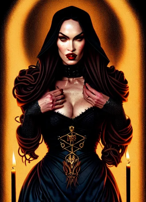 Prompt: megan fox witch queen, black eyes, blood, full body, intricate victorian dress, middle shot, cinematic lighting, studio quality, symmetrical eyes, caravaggio, artgerm, joshua middleton, rafael albuquerque, moody lighting, candles, art style by klimt and krenz cushart