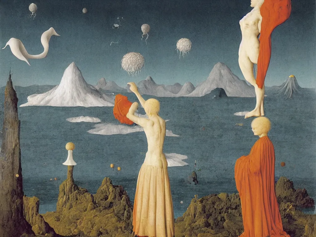 Image similar to albino mystic, with his back turned, with beautiful exotic Urchin looking at a island being engulfed, flooded by a tsunami giant wave. Painting by Jan van Eyck, Audubon, Rene Magritte, Agnes Pelton, Max Ernst, Walton Ford