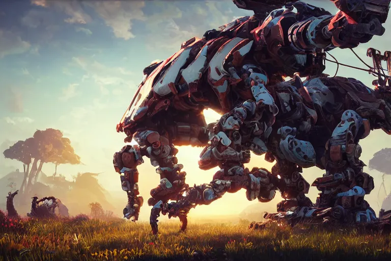 Image similar to shell - walker machine mecanical creature robot of horizon forbidden west horizon zero dawn radiating a glowing aura global illumination ray tracing hdr fanart arstation by ian pesty and alena aenami artworks in 4 k