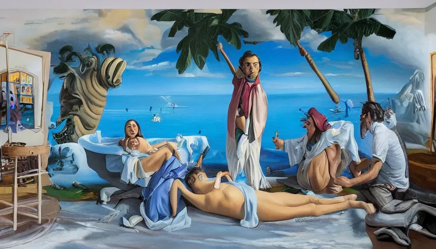 Image similar to RHADS, fever dream, Salvador Dali, party, mural