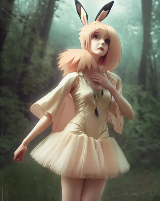 Prompt: photo of eevee pokemon humanisation, in lace brown dress, film still, dslr, by greg rutkowski, ross tran, artgerm, wlop glossy skin, pearlescent, very coherent