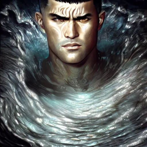 Image similar to photoshop photo edited by expert painting photorealistic shockingly amazing portrait of guts from berserk submerged in water ,extremely detailed, made by wlop and maxwell boas