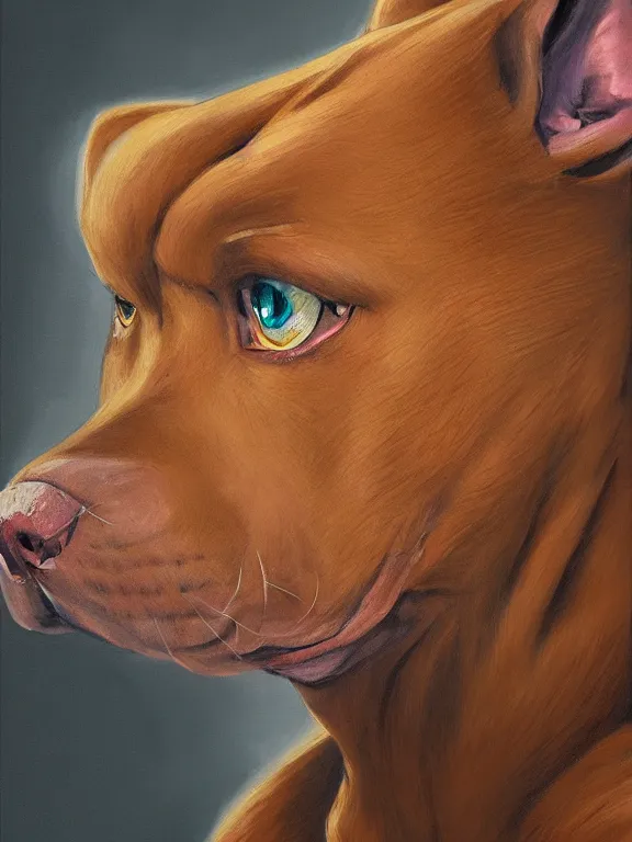 Prompt: an ultradetailed beautiful portrait painting of a original sonic character based off of a strong elegant brown pitbull, side view, oil painting, high resolution, by ilya kuvshinov, sonic oc, brown fur, furry, greg rutkowski and makoto shinkai