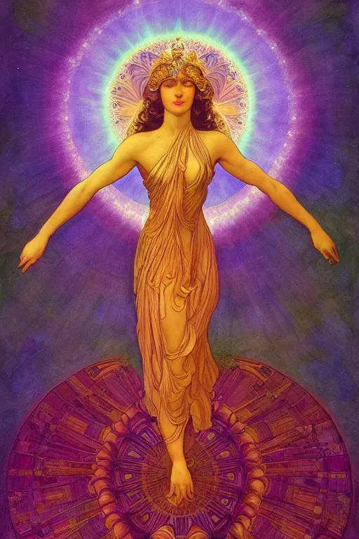 Image similar to beautiful goddess of space and dreams by maxfield parrish artgerm, in frame, mandala, coherent design, perfect symmetry, vivid colors, digital watercolor ink illustration painting, complementary color, golden ratio, detailed, sharp lines, sharp focus, intricate, rainbowshift, gustave dore, alphonse mucha, octane render