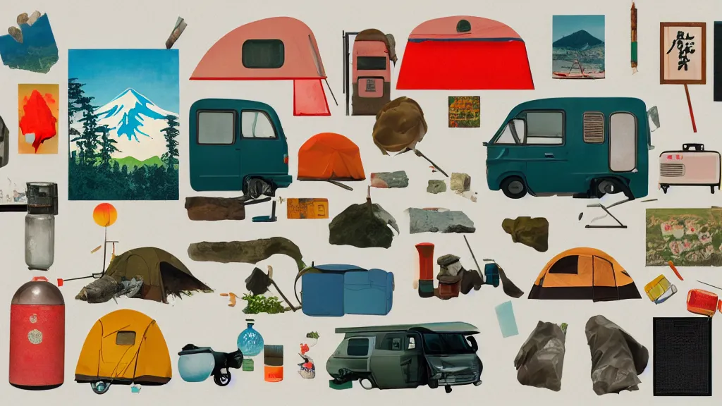 Prompt: an arrangement of camping traveller props, japan, a collage painting, in the style of wes anderson, lola dupre, david hockney, isolated on negative white space background dark monochrome neon spraypaint accents volumetric octane render