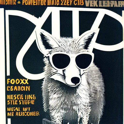 Prompt: a fox wearing sunglasses, cover of a magazine, 1 9 6 8, title, highly detailed