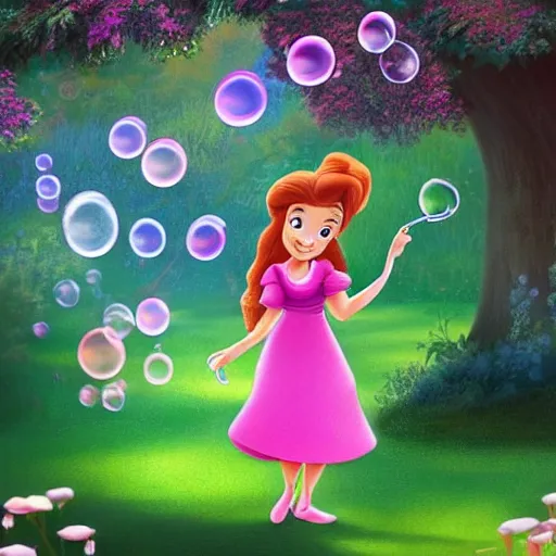 Image similar to a little girl in a beautiful garden blowing bubbles in a still from a disney movie. beautiful disney cartoon character art, high quality, detailed face