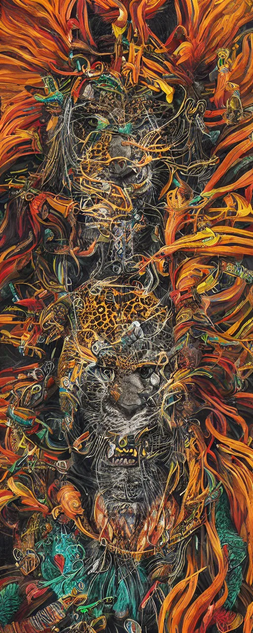 Prompt: an intricated and detailed painting of a shaman turning into a jaguar 4 k render