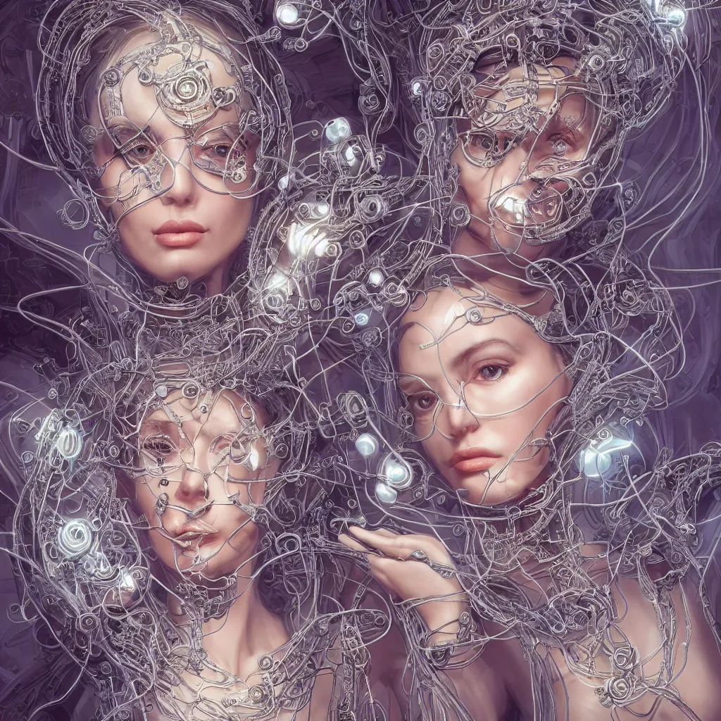 Image similar to very beautiful woman integrating with technology, full face frontal, portrait, insipiring, detailed intricate ornate cables connected to head, big open electric eyes, luxurious detailed abundent wiring and implants, diamonds, sci-fi, neon, emeralds, detailed technology full background, highly detailed, artstation, Rene Lalique and Eddie Mendoza and Gil Elvgren