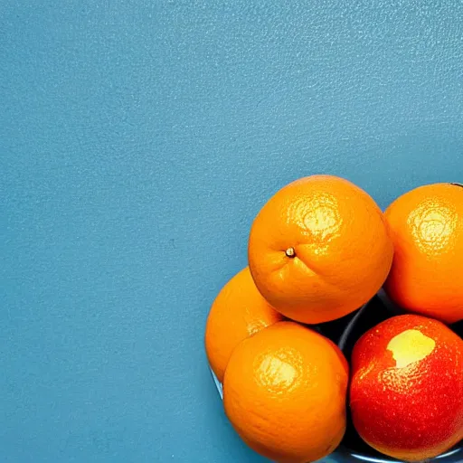 Prompt: A single blue apple in a bowl full of oranges, one blue apple, ten oranges, 4k, photo, hd,