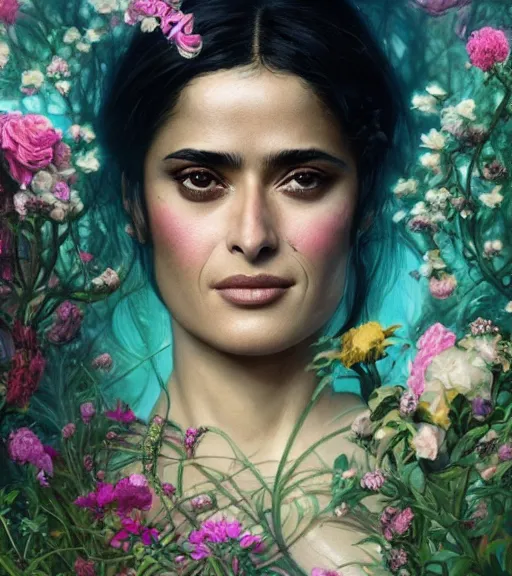 Image similar to portrait of the young salma hayek of the underworld, surrounded by flowers by karol bak, james jean, tom bagshaw, rococo, trending on artstation, cinematic lighting, hyper realism, octane render, 8 k, hyper detailed.