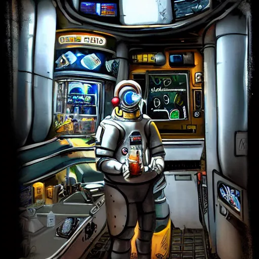 Prompt: old man in exosuit standing behind futuristic bar on space station, face tattoos, punk, grunge, rough, paint, scratchy, science fiction, cyberpunk, retrofuture, illustration