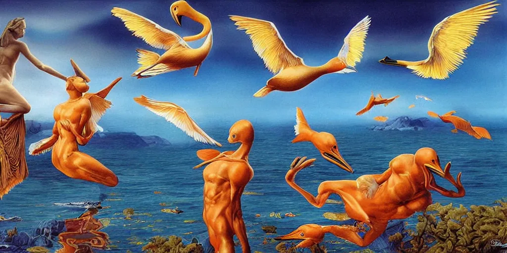 Prompt: floating goldfish, pelicans and a human couple in an alien landscape by salvador dali and gerald brom, hyper realistic