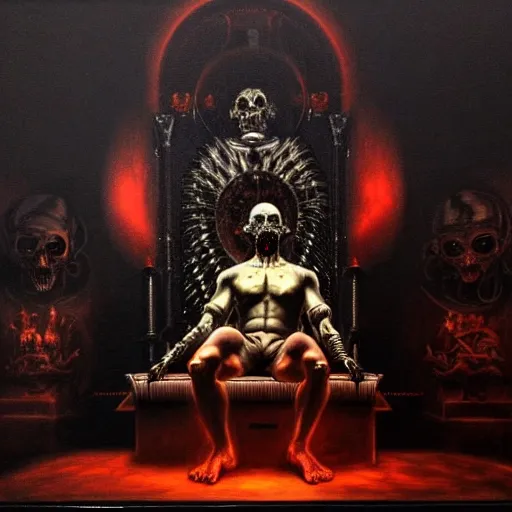 Image similar to highly detailed dark god sit on the tron, night, death, fear, horror, caravaggio, hyperrealism, detailed and intricate environment