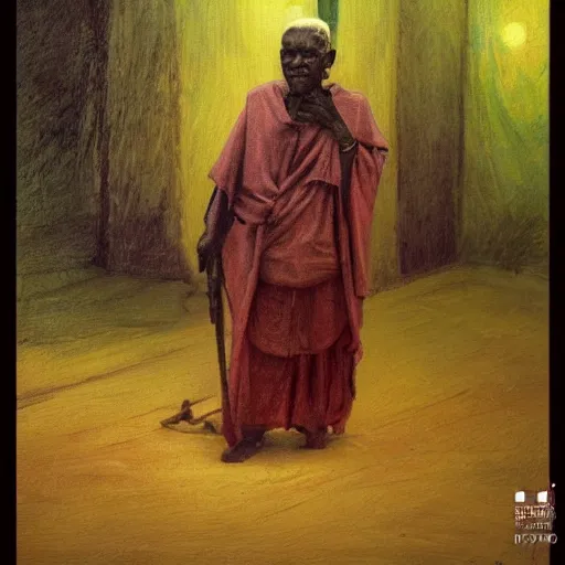 Image similar to a painting of a wise elder from Kenya by Henry Ossawa Tanner . dramatic angle, ethereal lights, details, smooth, sharp focus, illustration, realistic, cinematic, artstation, award winning, rgb , unreal engine, octane render, cinematic light, macro, depth of field, blur, red light and clouds from the back, highly detailed epic cinematic concept art CG render made in Maya, Blender and Photoshop, octane render, excellent composition, dynamic dramatic cinematic lighting, aesthetic, very inspirational, arthouse.