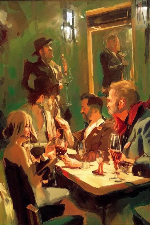 Image similar to glam rockers drinking wine, inside a tiny green room with red lights by joaquin sorolla, greg rutkowski, bill sienckiwicz, extremely detailed