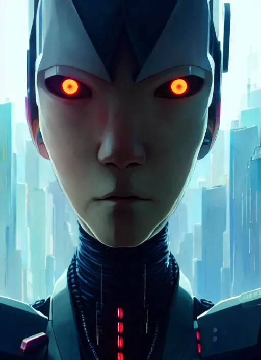 Prompt: a film still portrait of a confident cyberpunk assassin robot, finely detailed features, closeup at the faces, bokeh, perfect art, at an cyberpunk city, intricate, anime, gapmoe grimdark, artstation, trending on pixiv fanbox, painted by greg rutkowski makoto shinkai takashi takeuchi studio ghibli, akihiko yoshida