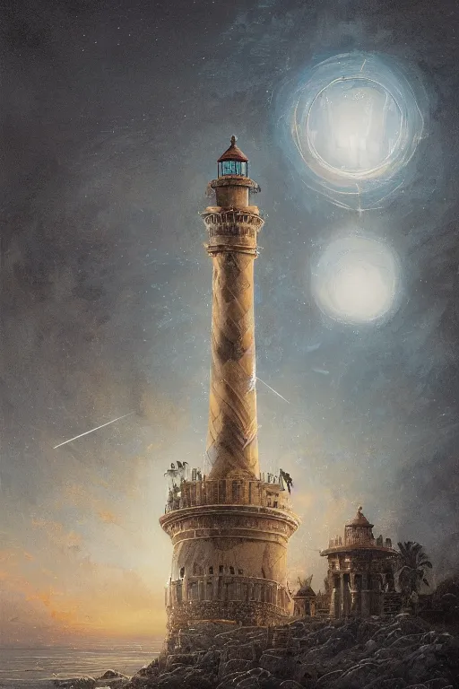 Prompt: Detailed Exterior Shot of Intricate Lighthouse of Alexandria, light of saints, moonlight shafts, flock of birds, night atmosphere, in Style of Peter Mohrbacher, cinematic lighting