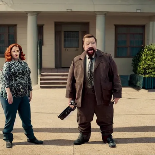 Prompt: cinematic still from a sci - fi absurdist comedy with melissa mccarthy as ricky gervais