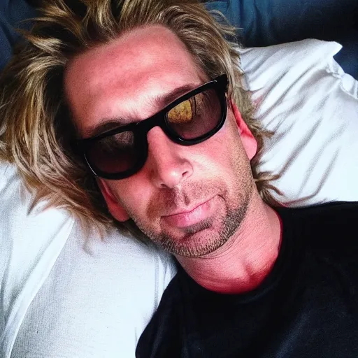 Image similar to chad kroeger snapchat selfie laying in bed with a black tanktop